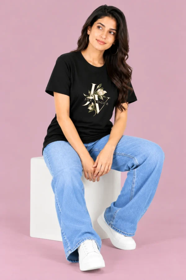 Black Women’s Free-Size T-Shirt – Joe Vogue Floral Monogram