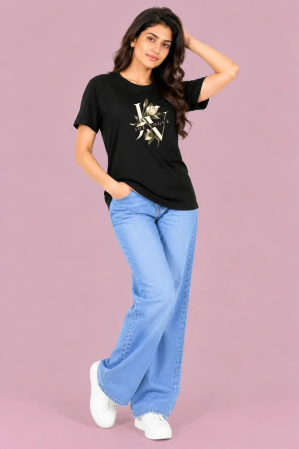 Black Women’s Free-Size T-Shirt – Joe Vogue Floral Monogram