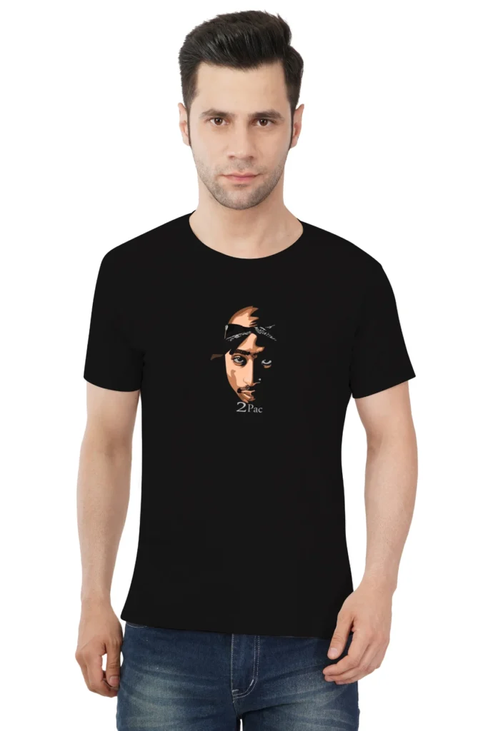 Black Round Neck T-Shirt – 2Pac Portrait Graphic