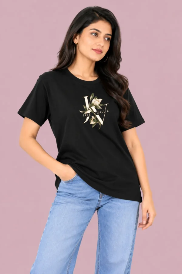 Black Women’s Free-Size T-Shirt – Joe Vogue Floral Monogram