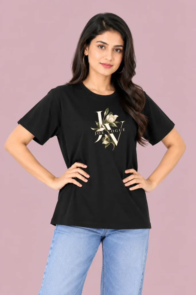 Black Women’s Free-Size T-Shirt – Joe Vogue Floral Monogram
