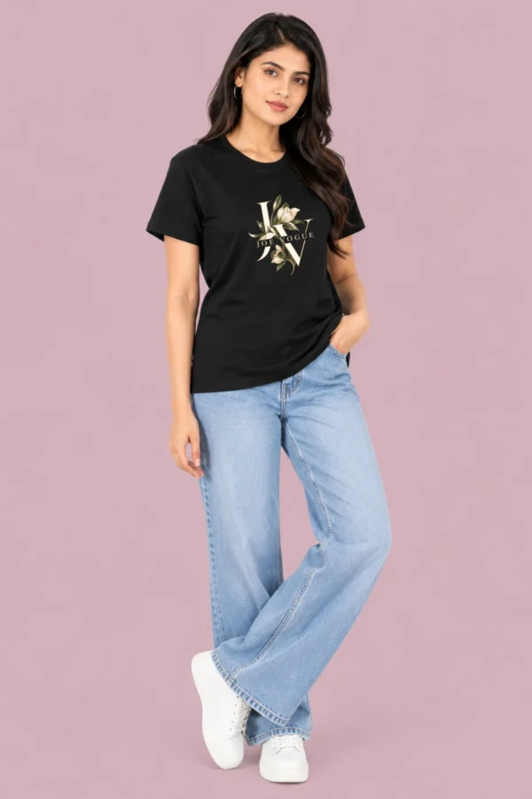 Black Women’s Free-Size T-Shirt – Joe Vogue Floral Monogram