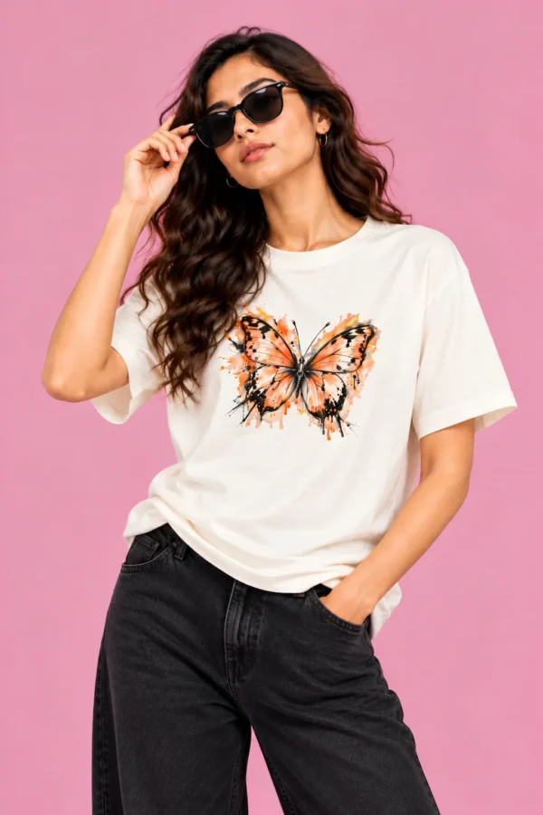 Butterfly Graphic Fashion Portrait Off-White Women’s Free-Size T-Shirt – Butterfly Art