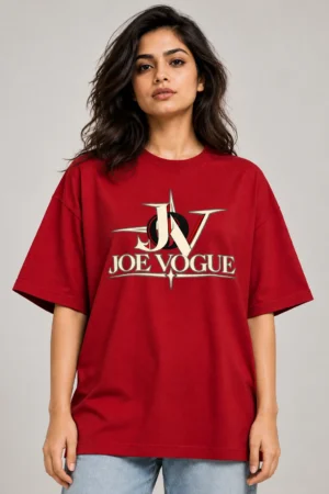 Crimson Joe Vogue T-Shirt Portrait Joe Vogue Women’s Crimson Oversized T-Shirt — Signature JV