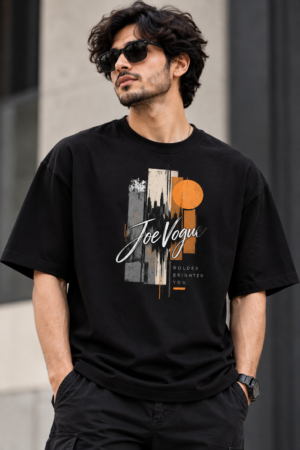 Model wearing the black Joe Vogue oversized graphic T-shirt, front portrait