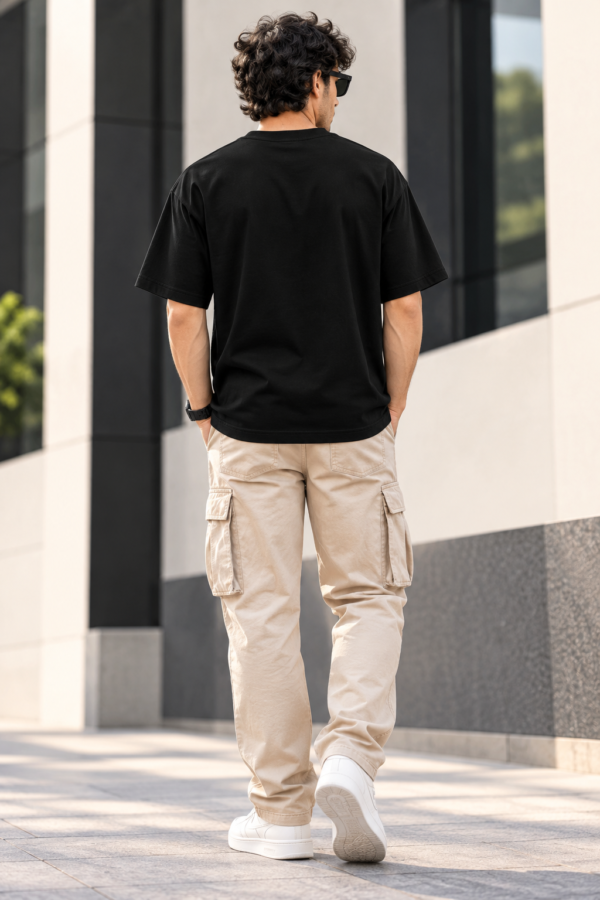 Back view of the black oversized Joe Vogue T-shirt