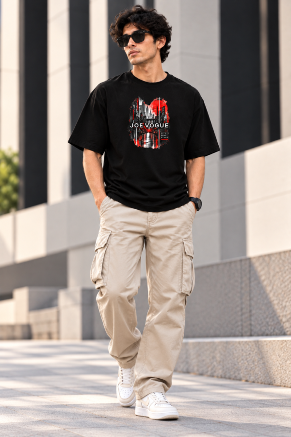 Full outfit view of the black Joe Vogue City Soul Style oversized T-shirt