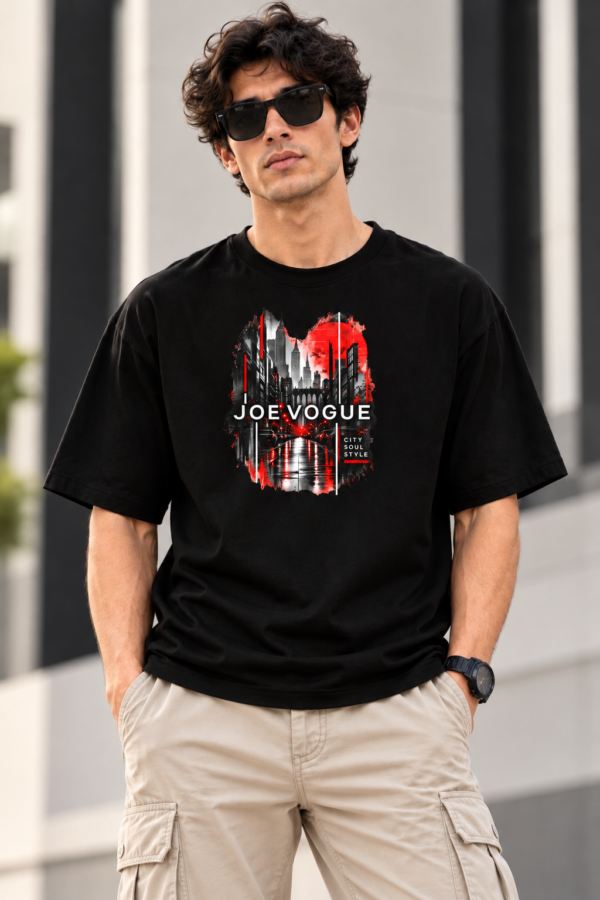 Close-up of the red and black City Soul Style graphic on the Joe Vogue T-shirt