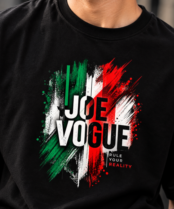 Joe Vogue Italian Tricolour Rule Your Reality T-Shirt Black oversized Joe Vogue T-shirt featuring green, white and red brushstroke graphic and Rule Your Reality slogan