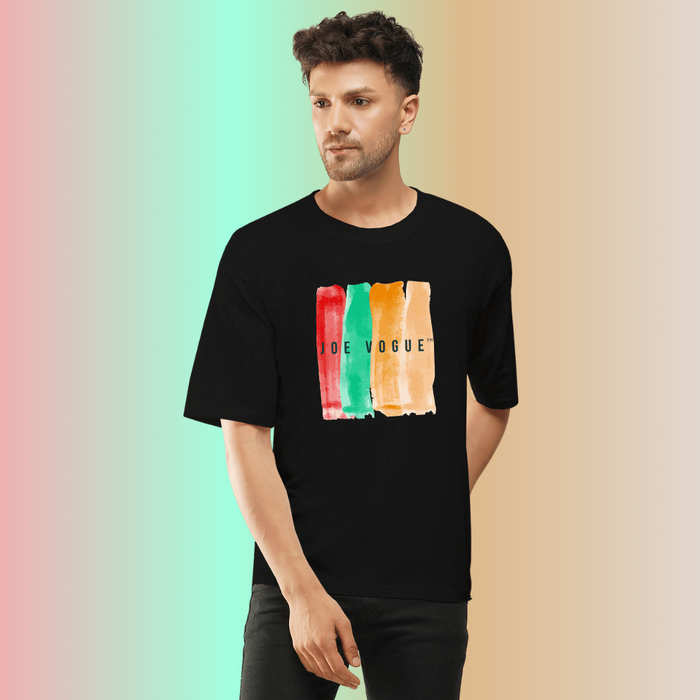 Front view of model wearing Joe Vogue black oversized multicolor brushstroke T-shirt