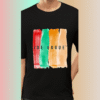 Close-up of multicolor brushstroke JOE VOGUE graphic on black T-shirt