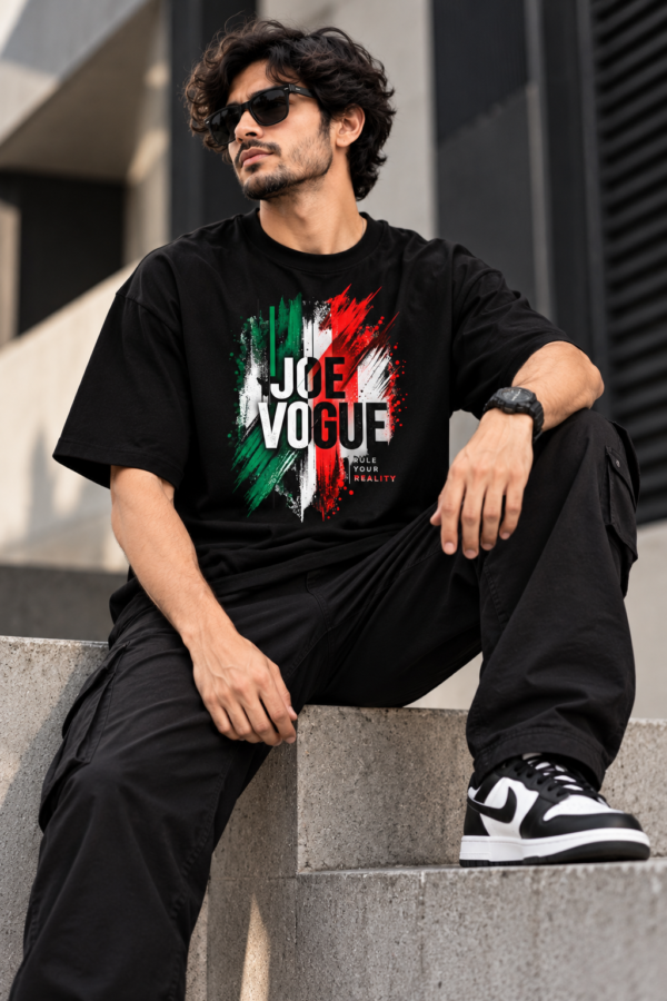 Joe Vogue Rule Your Reality T-Shirt Editorial Editorial portrait featuring a black oversized Joe Vogue graphic T-shirt