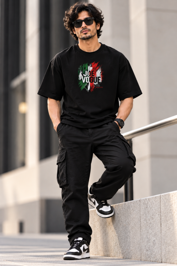 Joe Vogue Rule Your Reality T-Shirt Front Look Front view of model wearing black oversized Joe Vogue graphic T-shirt