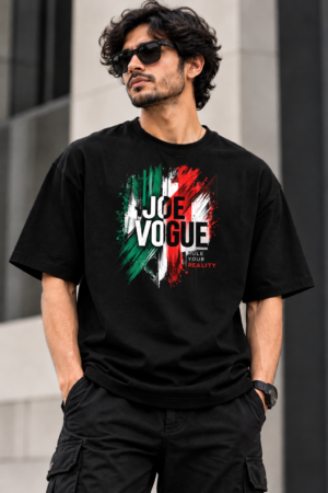 Model wearing black oversized Joe Vogue Rule Your Reality graphic T-shirt