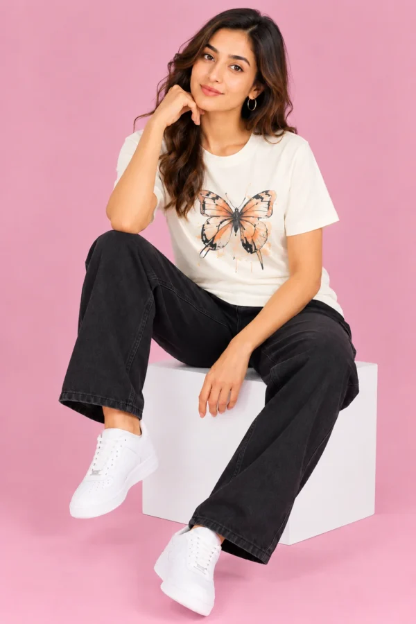 Pastel Pink Butterfly Fashion Portrait Off-White Women’s Free-Size T-Shirt – Butterfly Art
