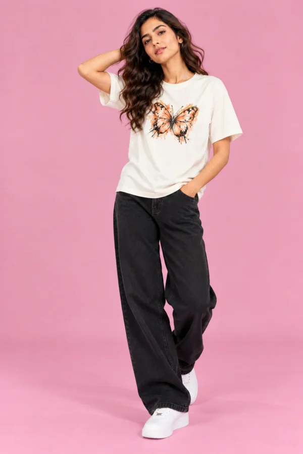 Pink Backdrop Butterfly Fashion Portrait Off-White Women’s Free-Size T-Shirt – Butterfly Art