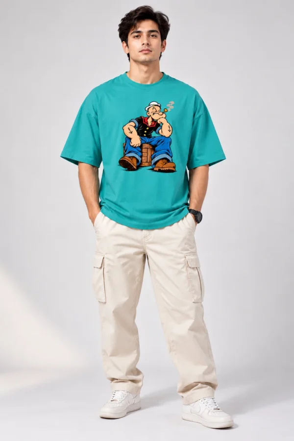 Popeye Graphic Tee Studio Portrait Dusty Turquoise Oversized T-Shirt – Popeye Cartoon Graphic