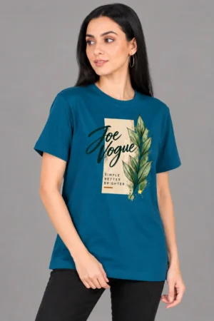 Teal Botanical Graphic T-Shirt Portrait Petrol Blue Women’s Free-Size Round Neck T-Shirt – Simple Better Brighter