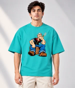 Dusty Turquoise Oversized T-Shirt – Popeye Cartoon Graphic