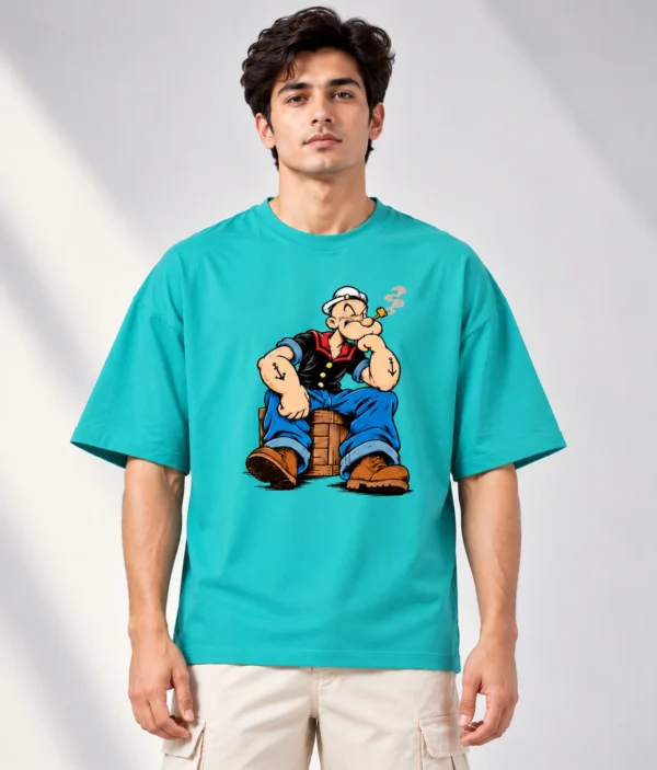 Teal Popeye Graphic Tee Portrait Dusty Turquoise Oversized T-Shirt – Popeye Cartoon Graphic