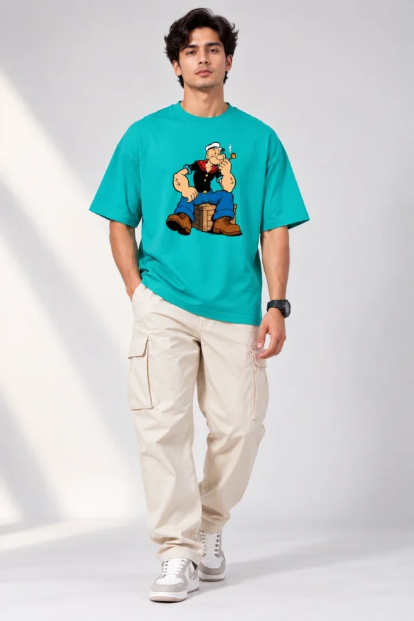 Teal Popeye Streetwear Editorial Dusty Turquoise Oversized T-Shirt – Popeye Cartoon Graphic