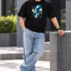 Urban Streetwear Editorial Portrait Joe Vogue Black Oversized T-Shirt — Blue Voltage