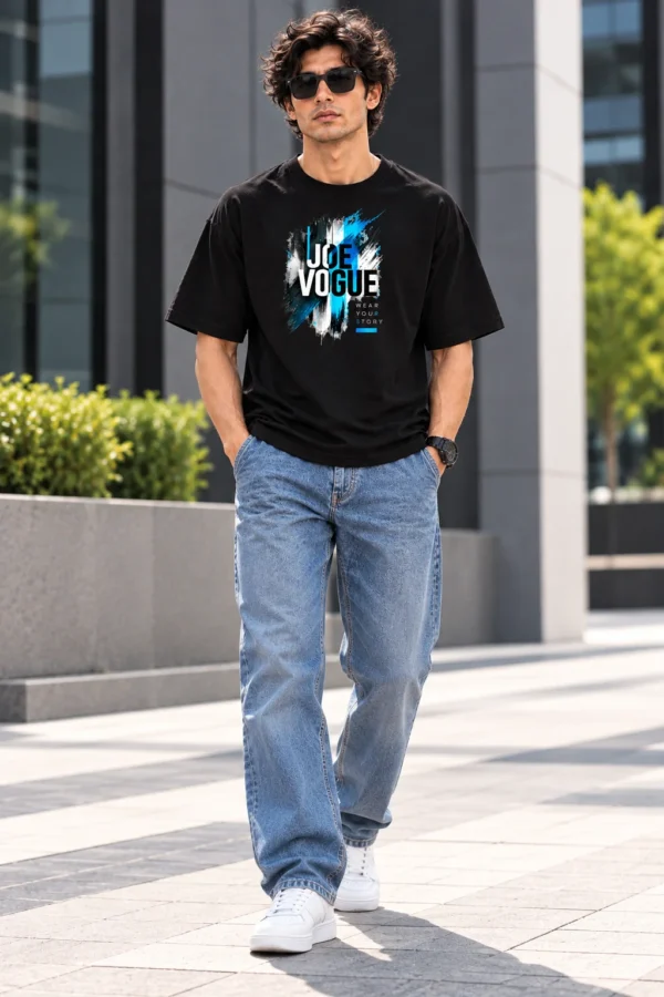 Urban Streetwear in Modern Architecture Joe Vogue Black Oversized T-Shirt — Blue Voltage